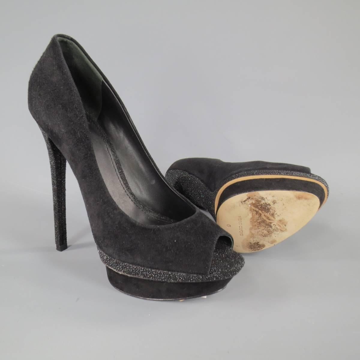 B BRIAN ATWOOD Size 8 Black Suede Stacked Glitter Peep Toe Platform Pumps In Excellent Condition In San Francisco, CA