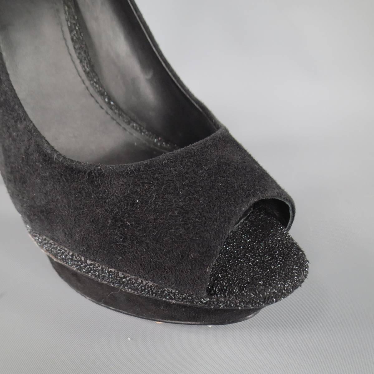 Women's B BRIAN ATWOOD Size 8 Black Suede Stacked Glitter Peep Toe Platform Pumps