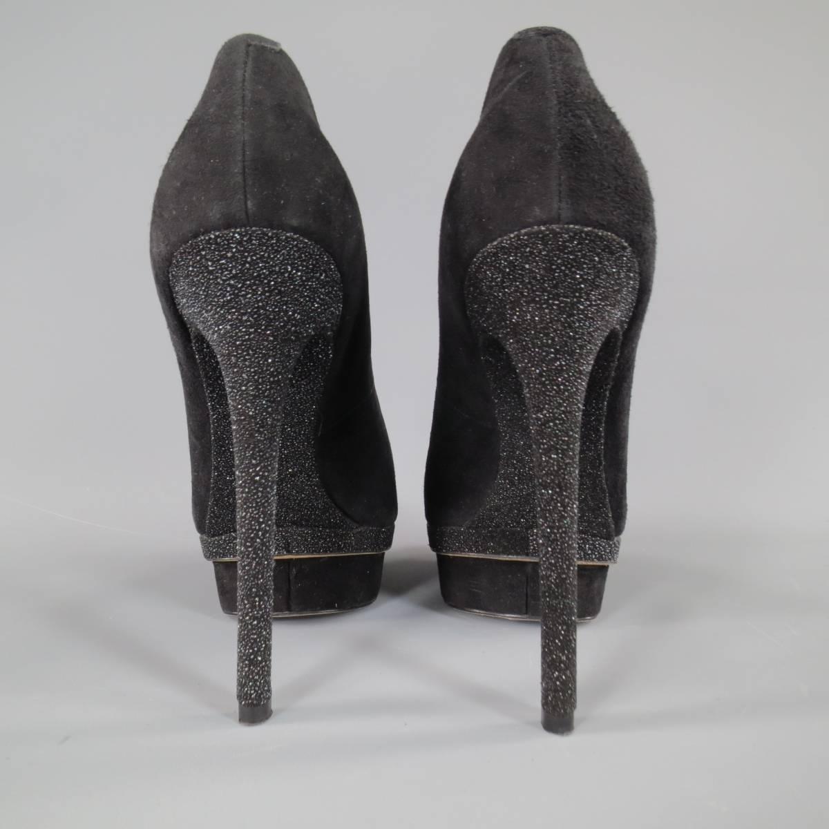 B BRIAN ATWOOD Size 8 Black Suede Stacked Glitter Peep Toe Platform Pumps 4