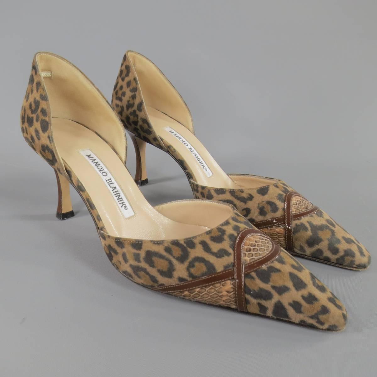 MANOLO BLAHNIK Size 7 Brown Leopard Suede Snake Detail D'Orsay Pumps In Good Condition In San Francisco, CA
