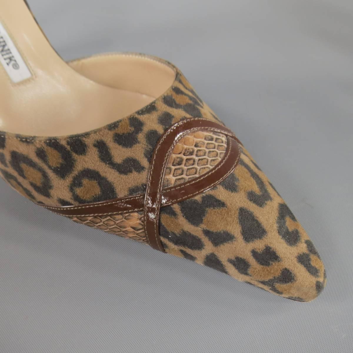 Women's MANOLO BLAHNIK Size 7 Brown Leopard Suede Snake Detail D'Orsay Pumps