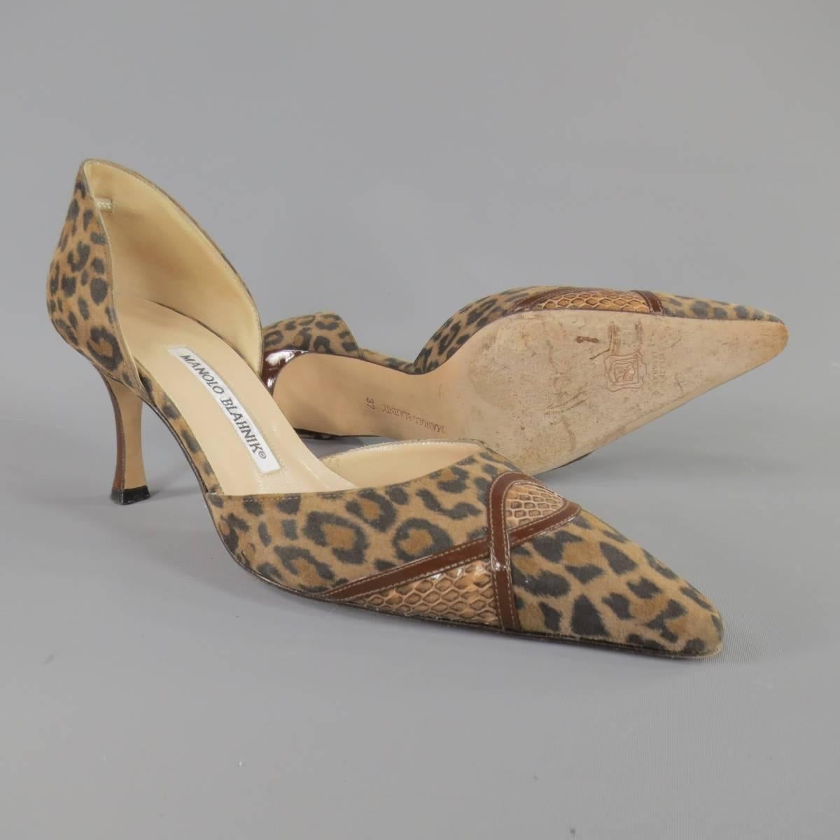 MANOLO BLAHNIK Size 7 Brown Leopard Suede Snake Detail D'Orsay Pumps 1