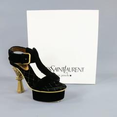 YVES SAINT LAURENT Size 6 Black Velvet Gold Pillar Platform Angelique Sandals