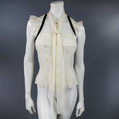CHANEL Size 6 Cream Chiffon Ruffled Sleeve Black Piping Bow Blouse Fall 2006