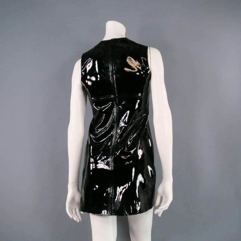 Women's PACO RABANNE Size 6 Black Patent Leather Sleeveless Shift Cocktail Dress