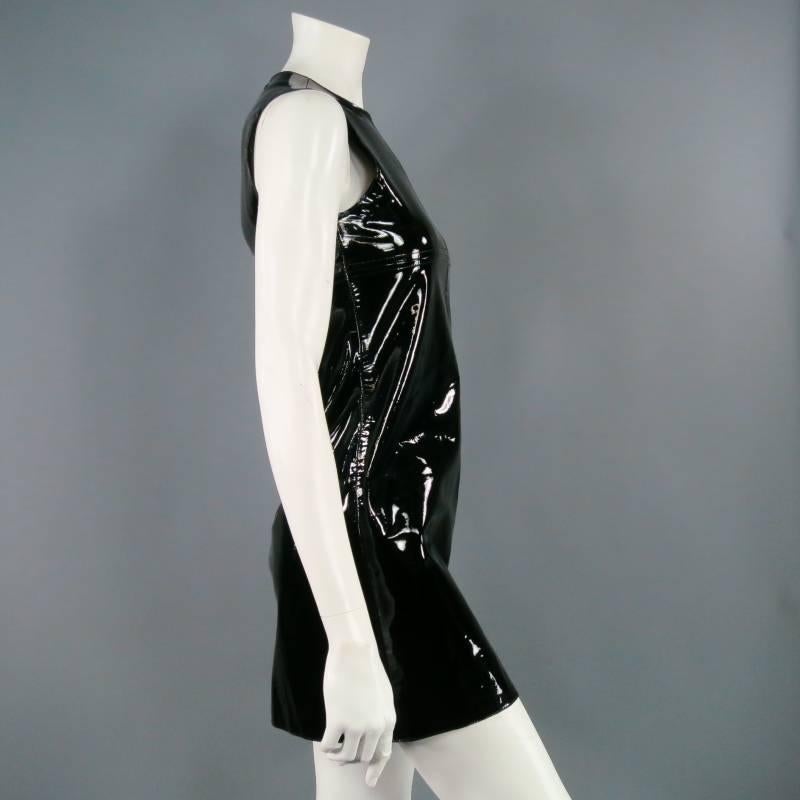 PACO RABANNE Size 6 Black Patent Leather Sleeveless Shift Cocktail Dress In New Condition In San Francisco, CA