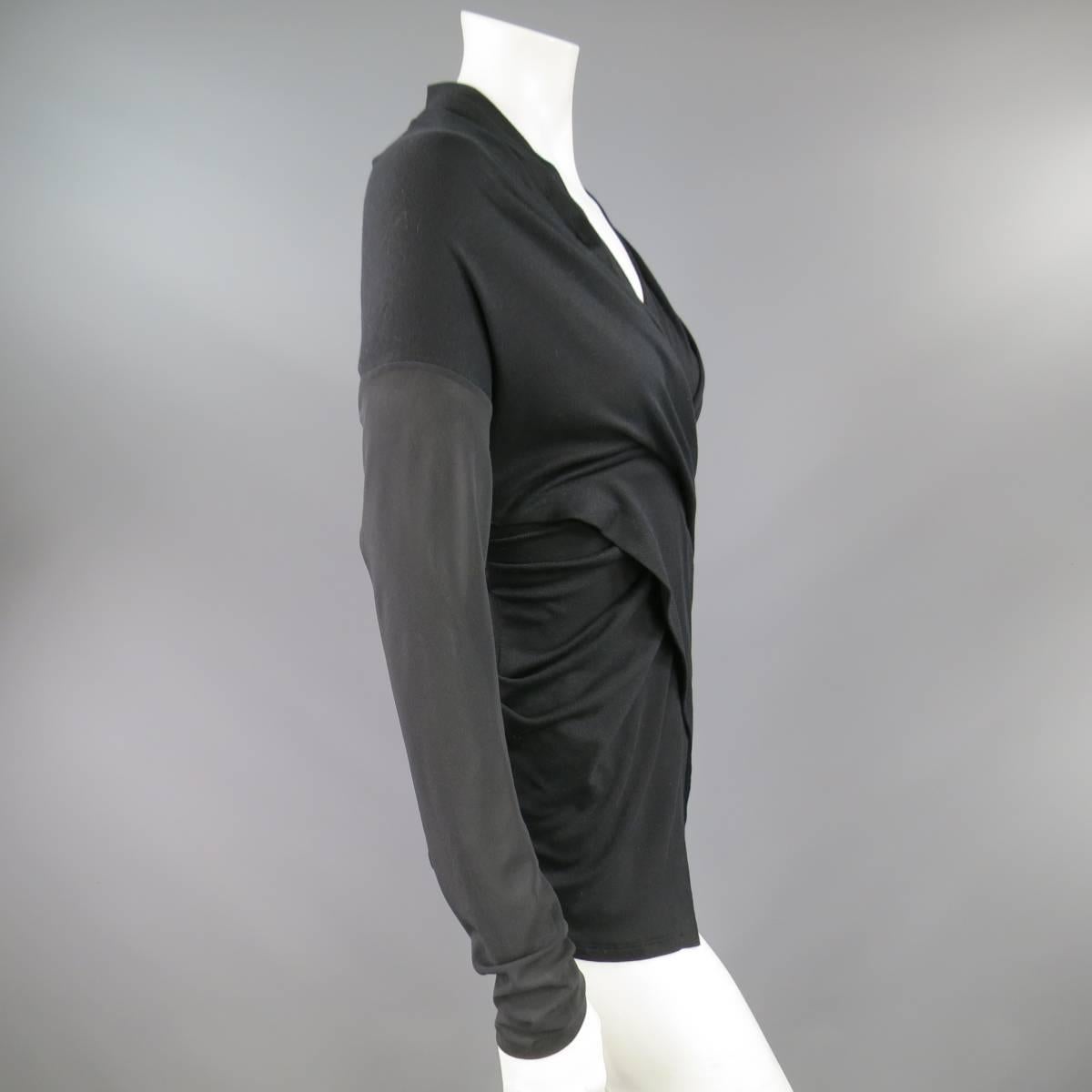 BRUNELLO CUCINELLI Size M Black Draped V Neck Chiffon Sleeve Blouse In Excellent Condition In San Francisco, CA