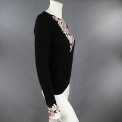 CHANEL Size S Black Cashmere Sequin Embroidered Cutout Floral Sweater