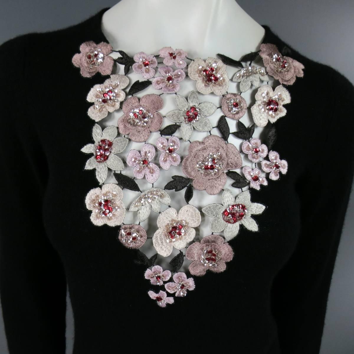 CHANEL Size S Black Cashmere Sequin Embroidered Cutout Floral Sweater In Good Condition In San Francisco, CA