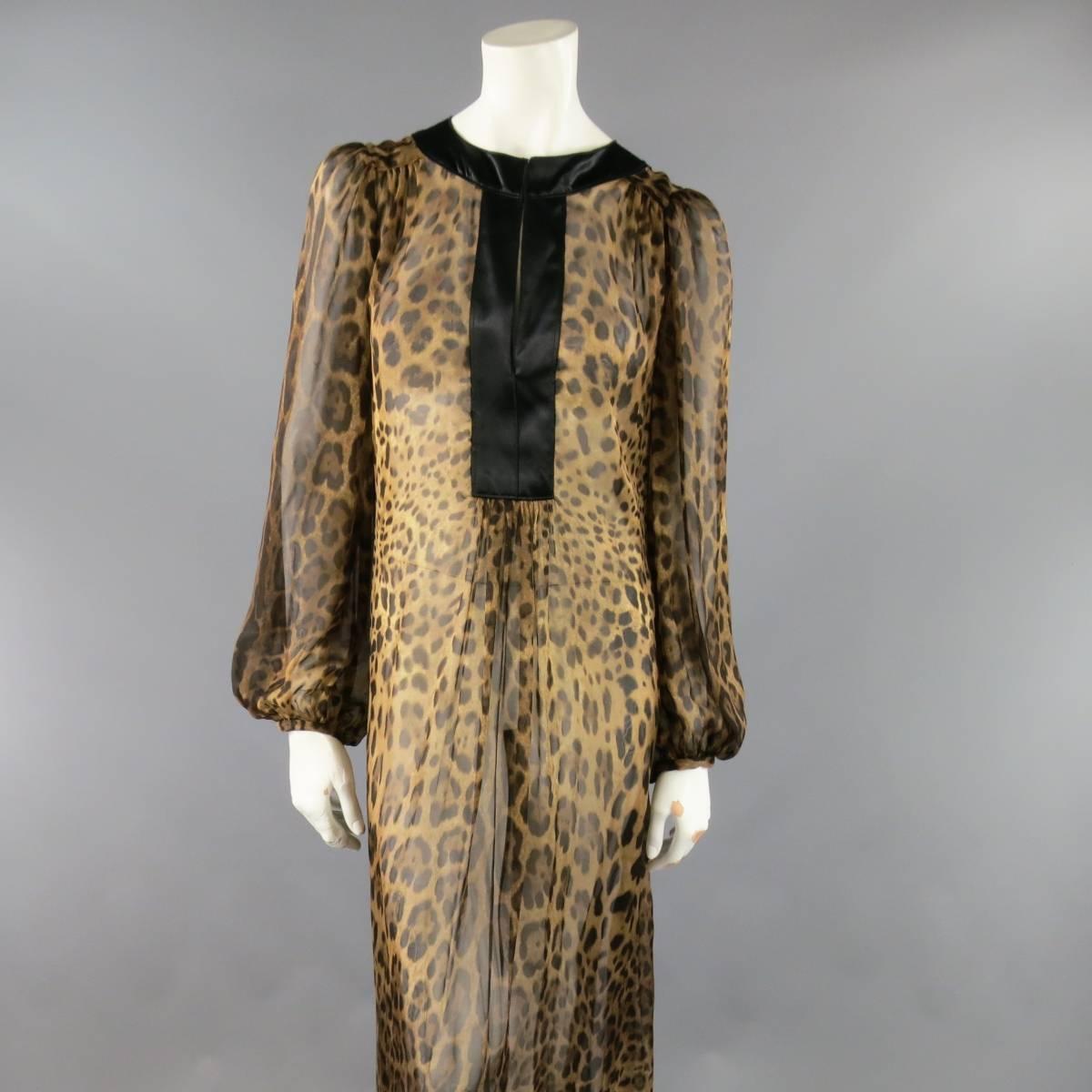 DOLCE & GABBANA Size L Brown Leaopard Chiffon Black Trim Maxi Kaftan Dress In Excellent Condition In San Francisco, CA