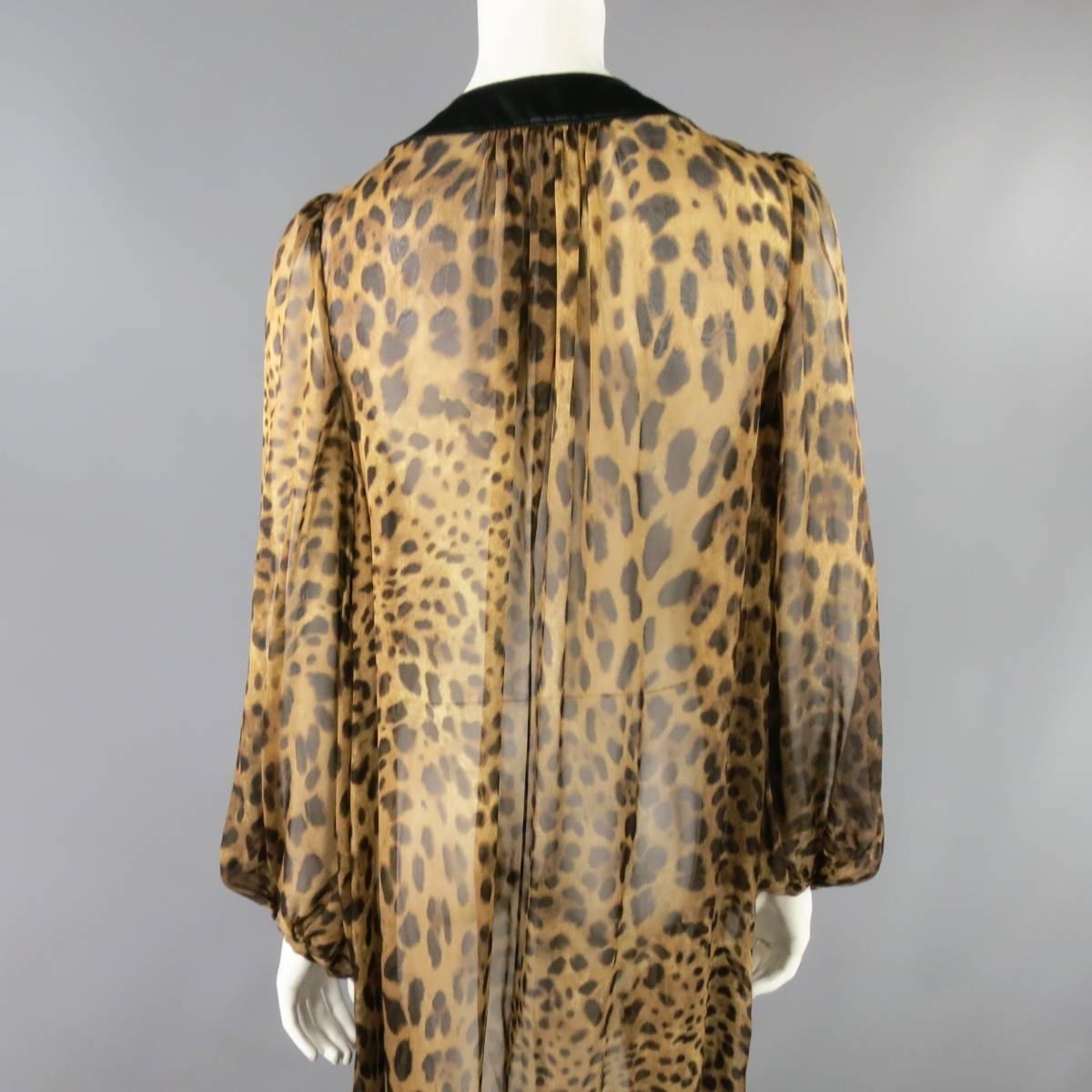 DOLCE & GABBANA Size L Brown Leaopard Chiffon Black Trim Maxi Kaftan Dress 1