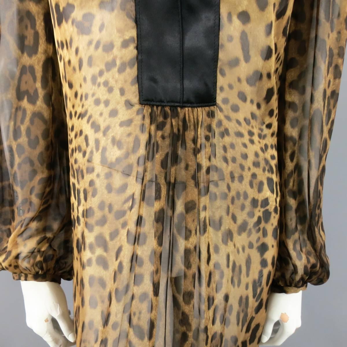 DOLCE & GABBANA Size L Brown Leaopard Chiffon Black Trim Maxi Kaftan Dress 2