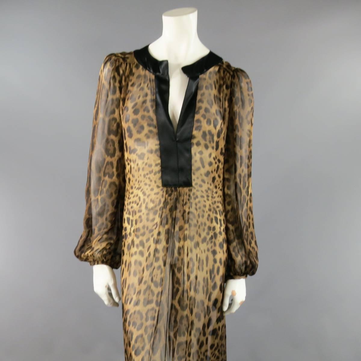 DOLCE & GABBANA Size L Brown Leaopard Chiffon Black Trim Maxi Kaftan Dress 5