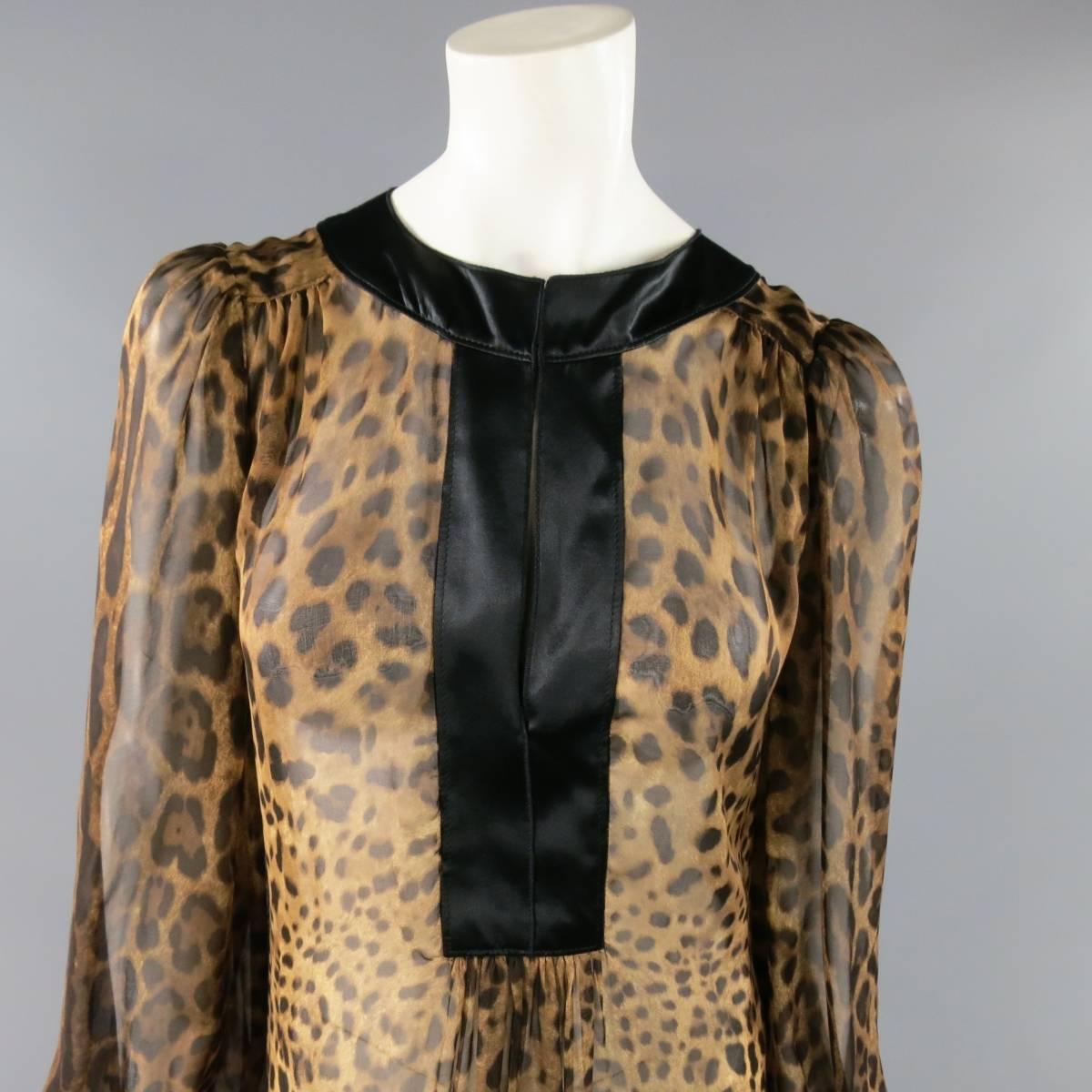 DOLCE & GABBANA Size L Brown Leaopard Chiffon Black Trim Maxi Kaftan Dress 4