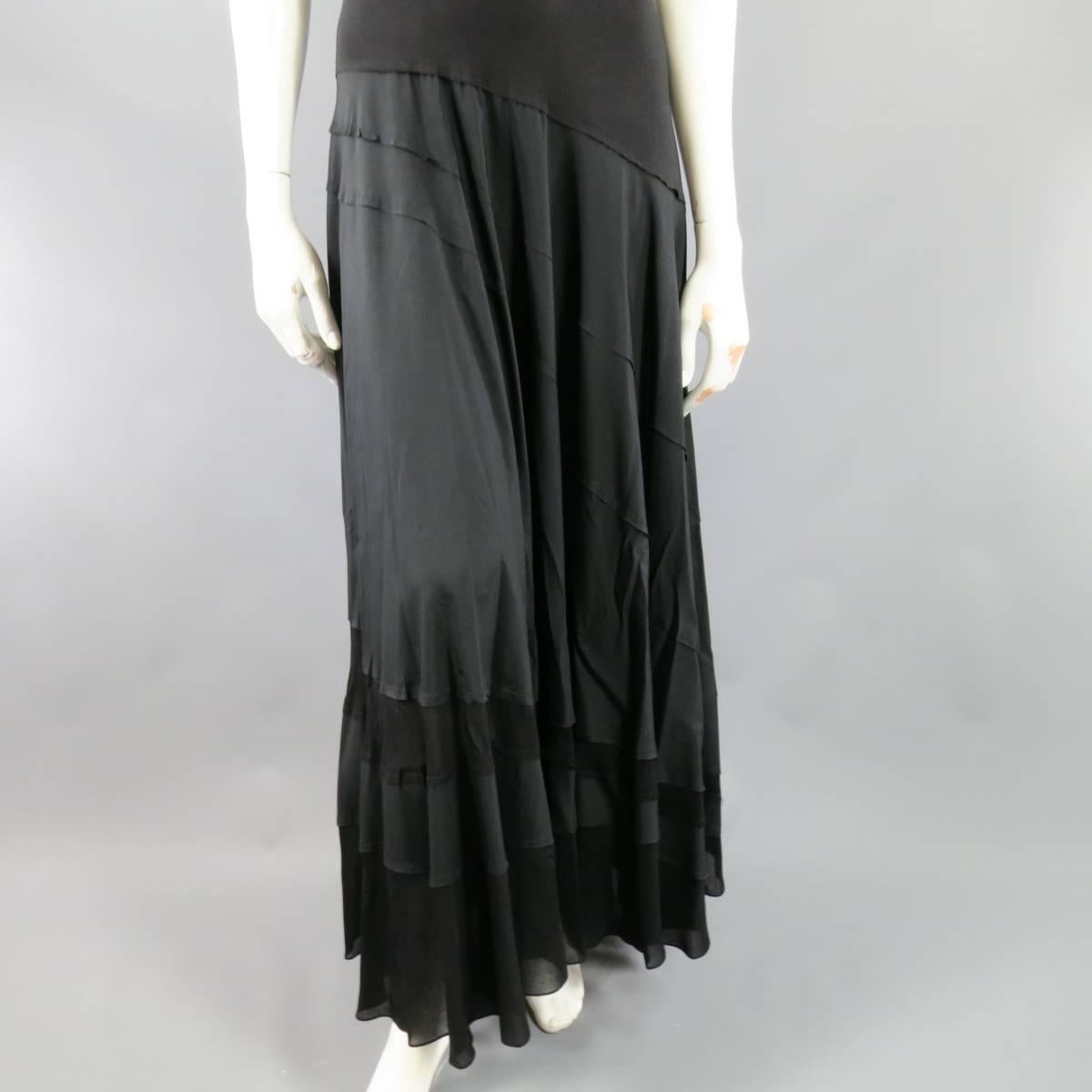 DONNA KARAN Size 10 Black Asymmetrical Striped Patch Work Maxi Dress In Excellent Condition In San Francisco, CA