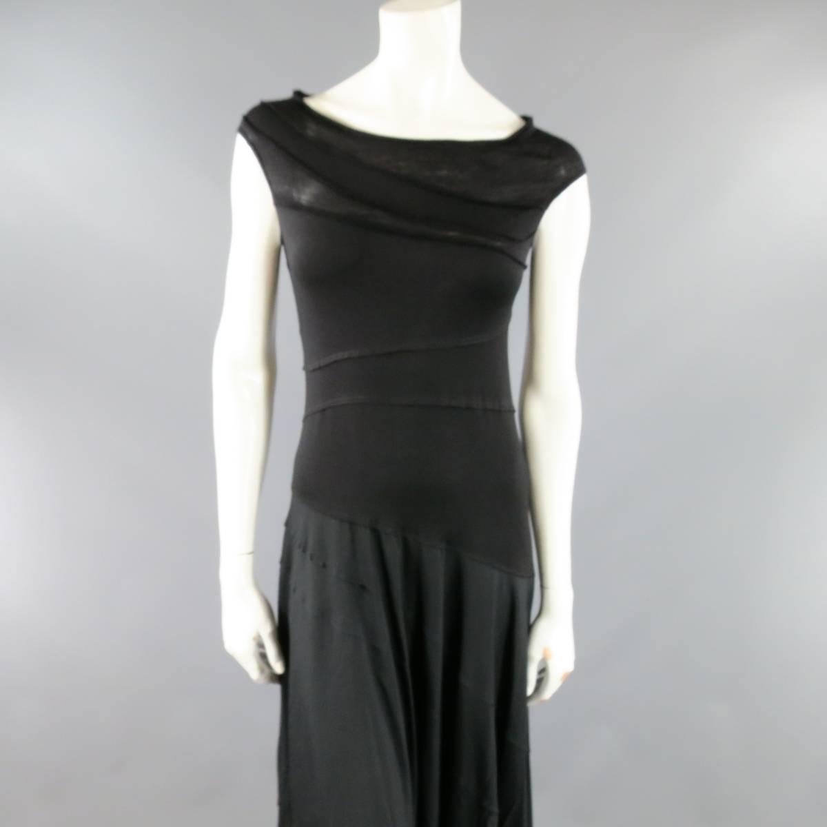 Women's DONNA KARAN Size 10 Black Asymmetrical Striped Patch Work Maxi Dress