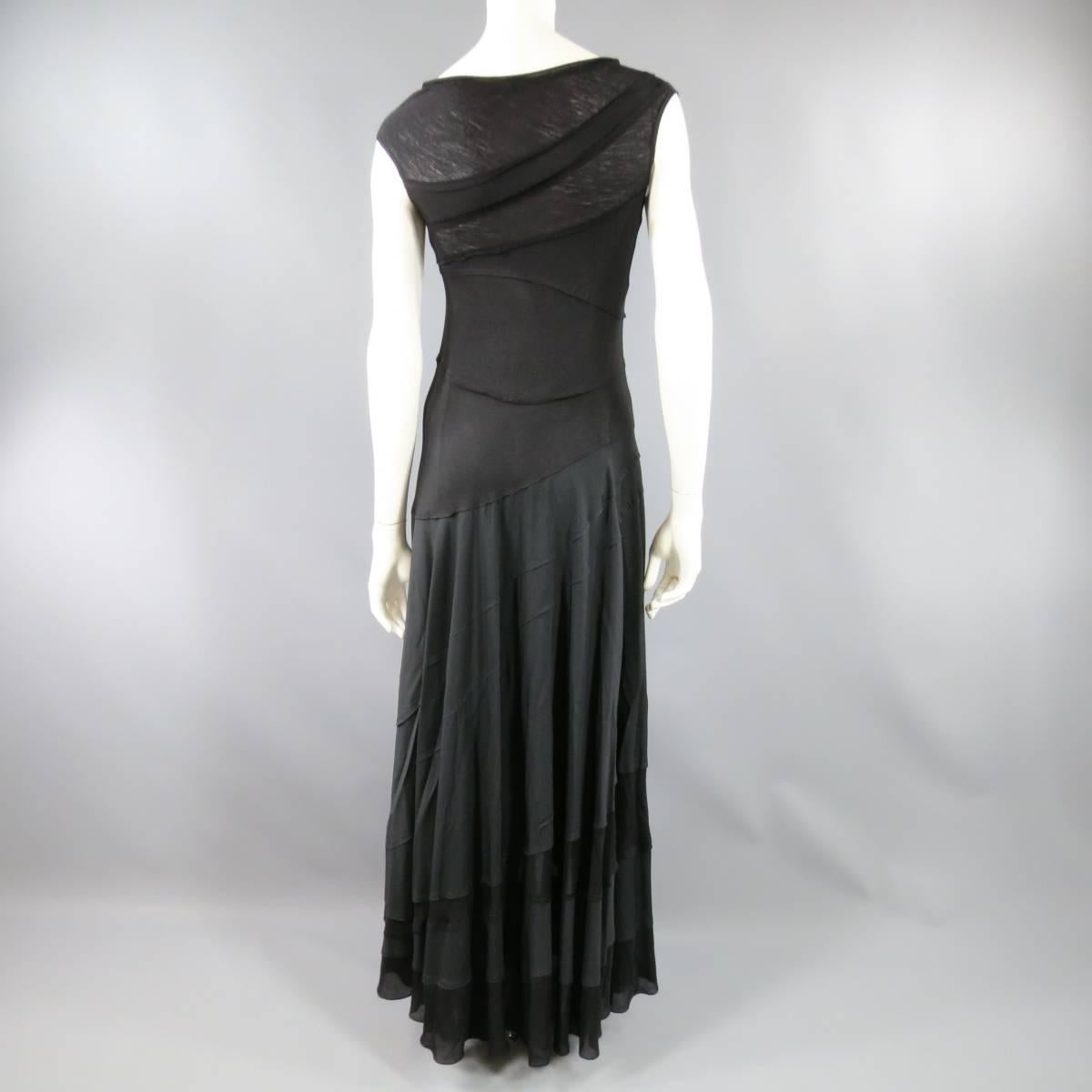 DONNA KARAN Size 10 Black Asymmetrical Striped Patch Work Maxi Dress 6