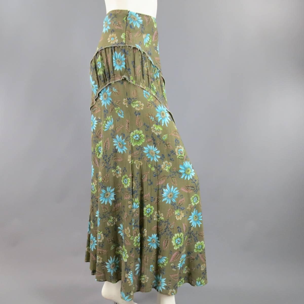 Brown Yohji Yamamoto Y's Olive Green Blue Floral Raw Edge Maxi Skirt
