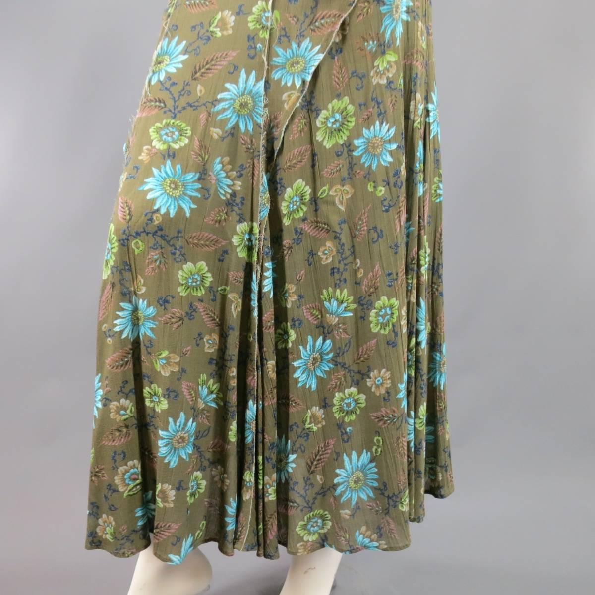 Yohji Yamamoto Y's Olive Green Blue Floral Raw Edge Maxi Skirt 1