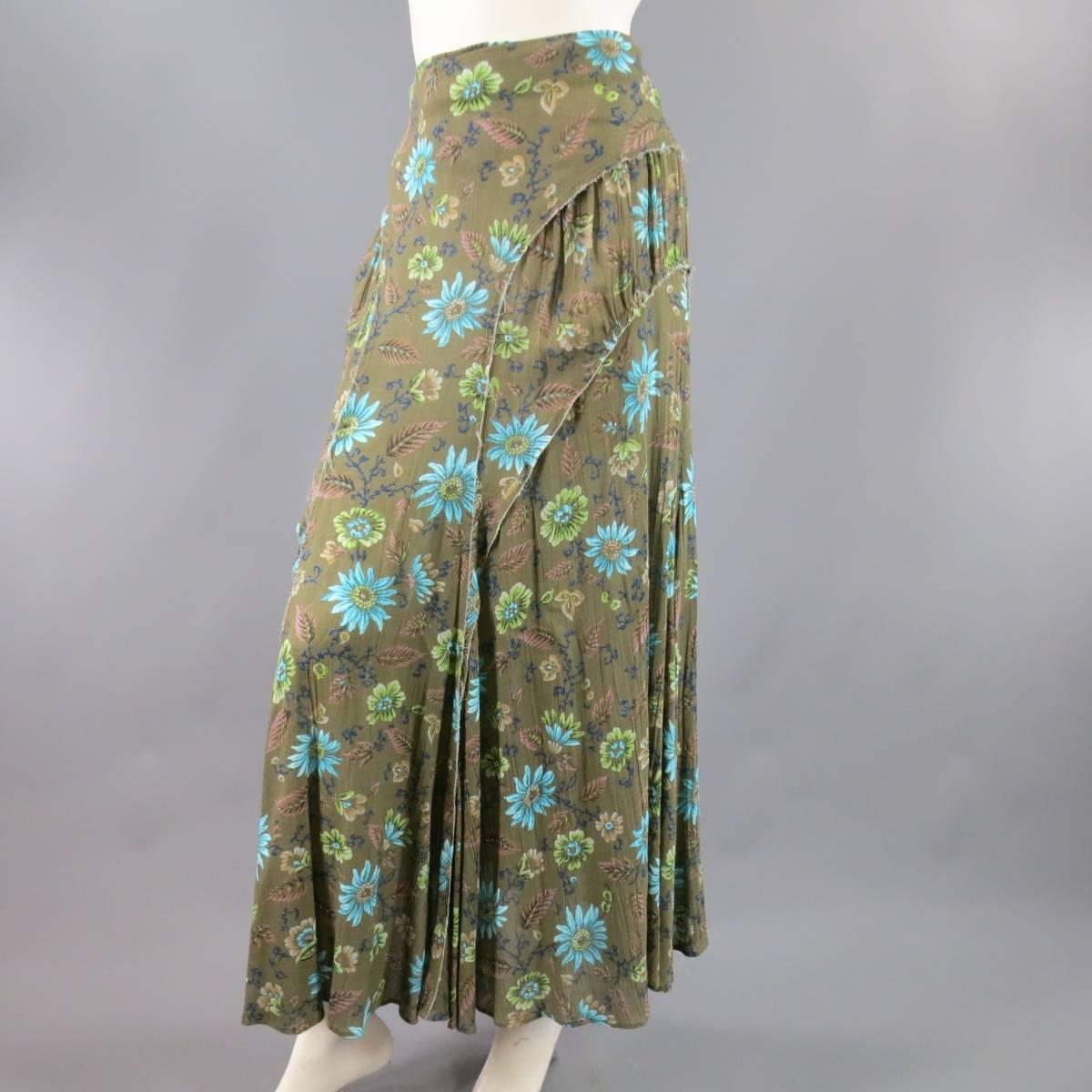Yohji Yamamoto Y's Olive Green Blue Floral Raw Edge Maxi Skirt In Excellent Condition In San Francisco, CA