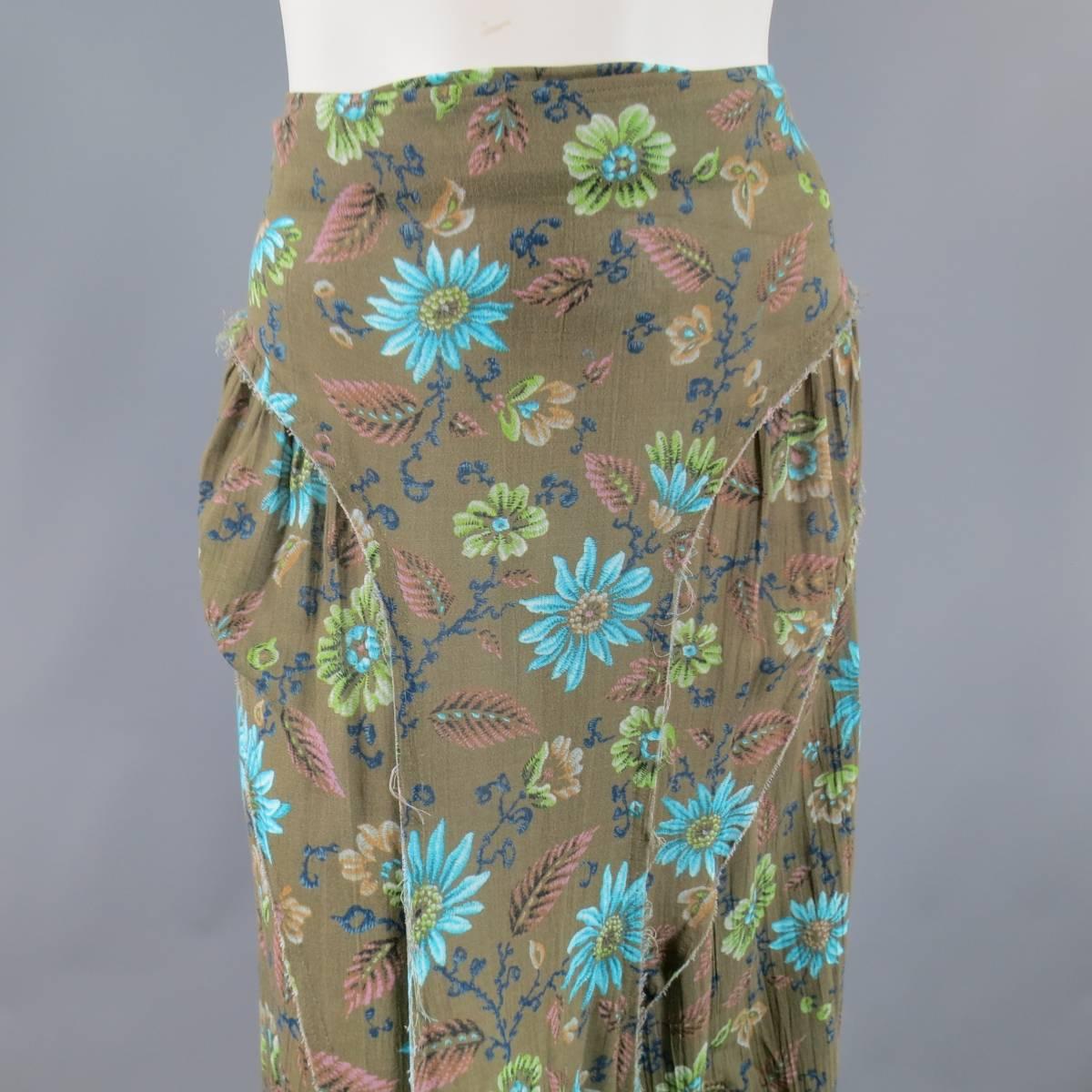 Women's Yohji Yamamoto Y's Olive Green Blue Floral Raw Edge Maxi Skirt