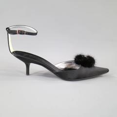 GIUSEPPE ZANOTTI Size 10 Black Satin Fur & Crystal Pointed Ankle Strap Pumps