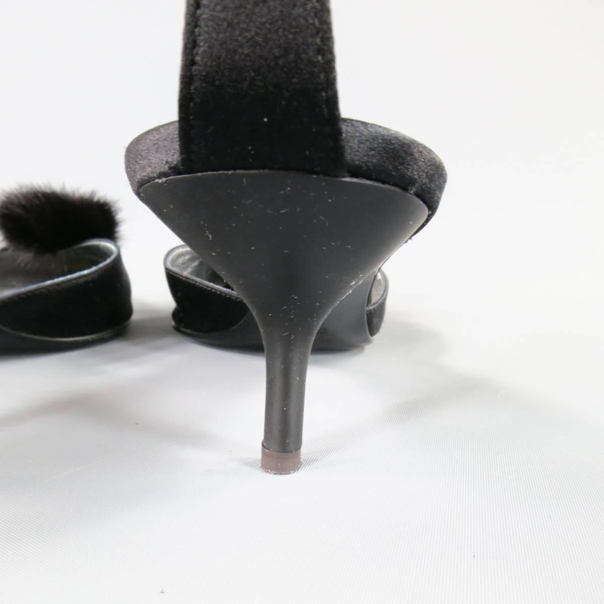 GIUSEPPE ZANOTTI Size 10 Black Satin Fur & Crystal Pointed Ankle Strap Pumps In Excellent Condition In San Francisco, CA