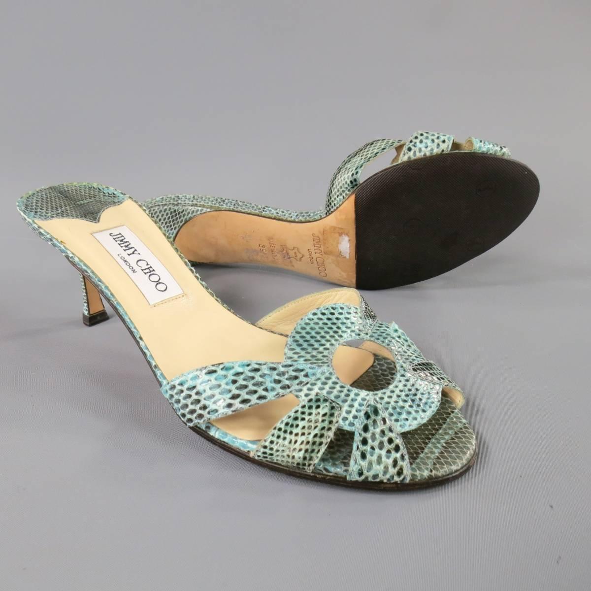 JIMMY CHOO Size 9 Aqua Blue Snake Skin O Cutout Strap Mule Sandals In Excellent Condition In San Francisco, CA