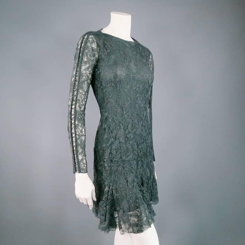 ISABEL MARANT Size 6 Teal Lace Tied long Sleeve Ruffle Skirt Shift Dress In Excellent Condition In San Francisco, CA