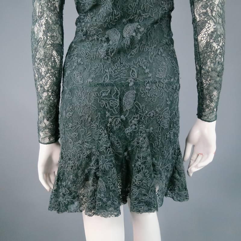 ISABEL MARANT Size 6 Teal Lace Tied long Sleeve Ruffle Skirt Shift Dress 1