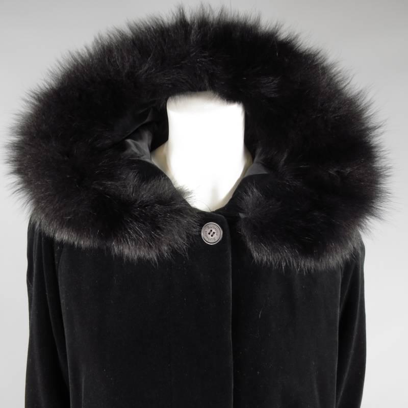 Vintage BURBERRY Size 8 Black Velvet Fox Fur Trim Hooded Coat In Excellent Condition In San Francisco, CA