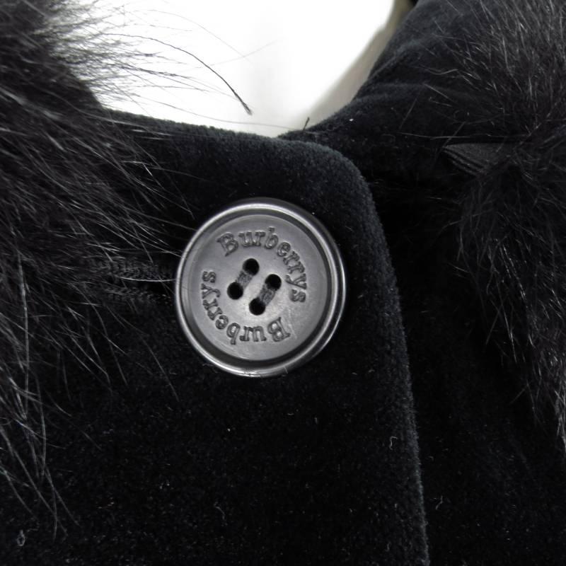 Women's Vintage BURBERRY Size 8 Black Velvet Fox Fur Trim Hooded Coat