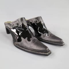 ROBERTO CAVALLI Size 10 Black Snake Leather Contrast Stitch Western Mules