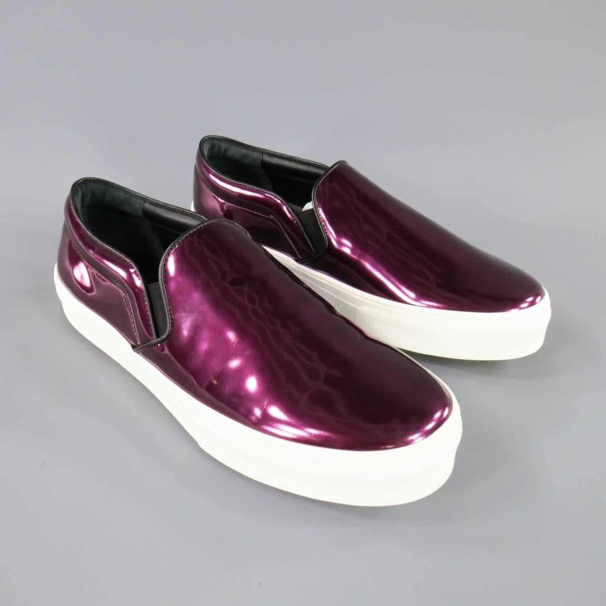 Black New CELINE Size 10.5 Purple Metallic Leather Slip On Sneakers