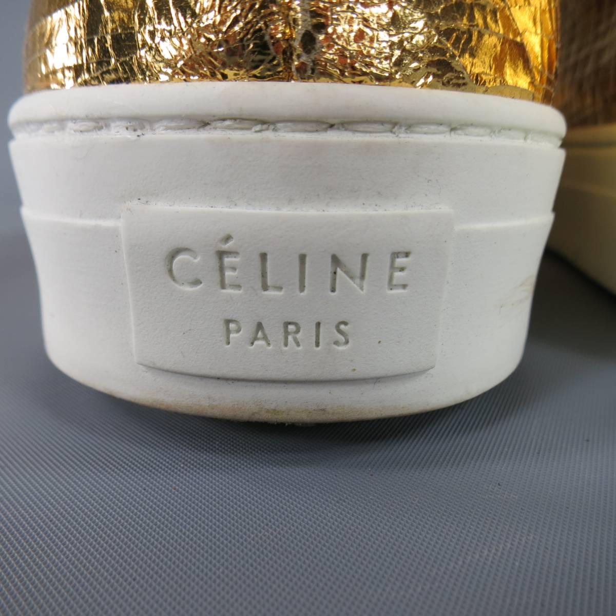 CELINE Size 10 Metallic Gold Crackle Leather Slip On Sneakers 6