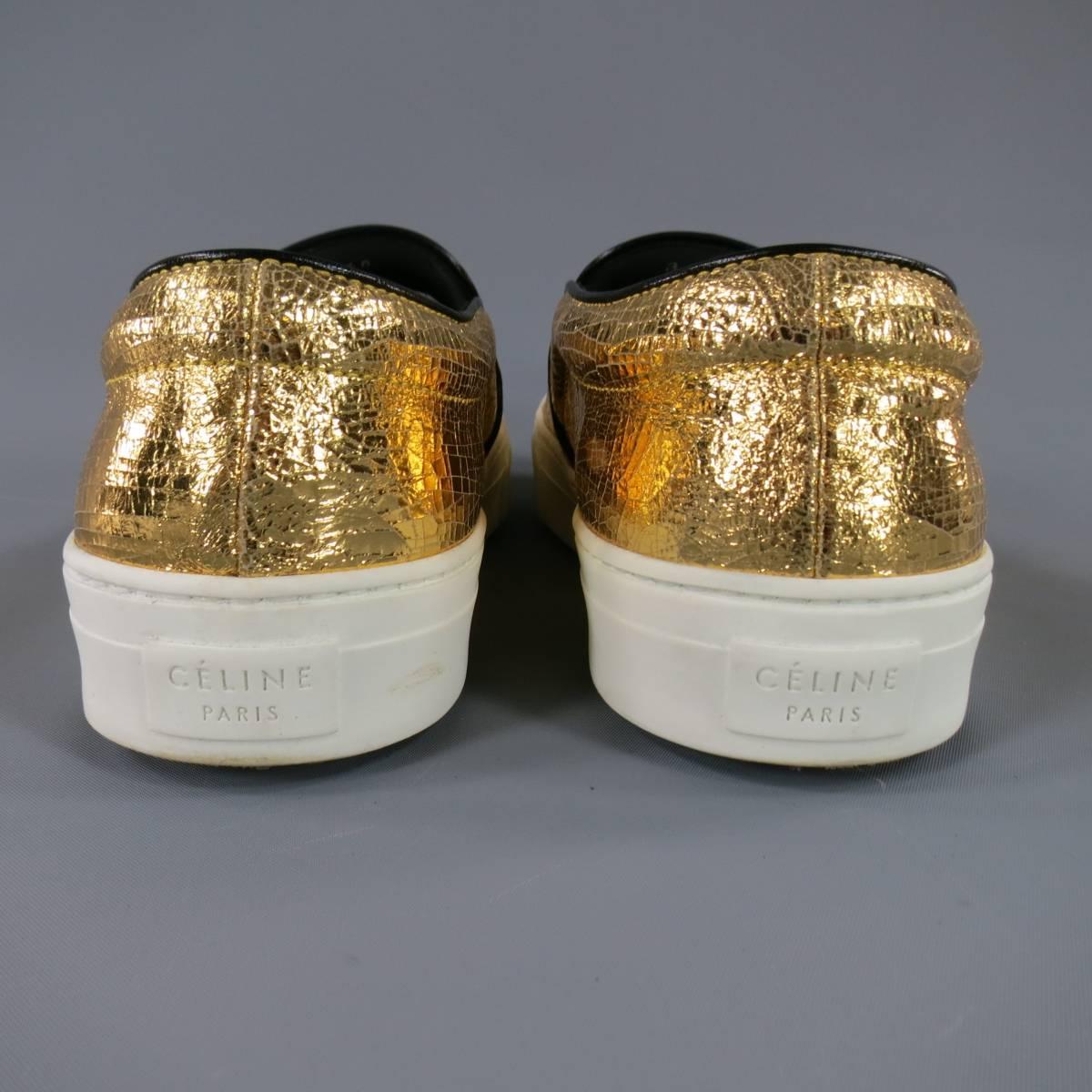 CELINE Size 10 Metallic Gold Crackle Leather Slip On Sneakers 4