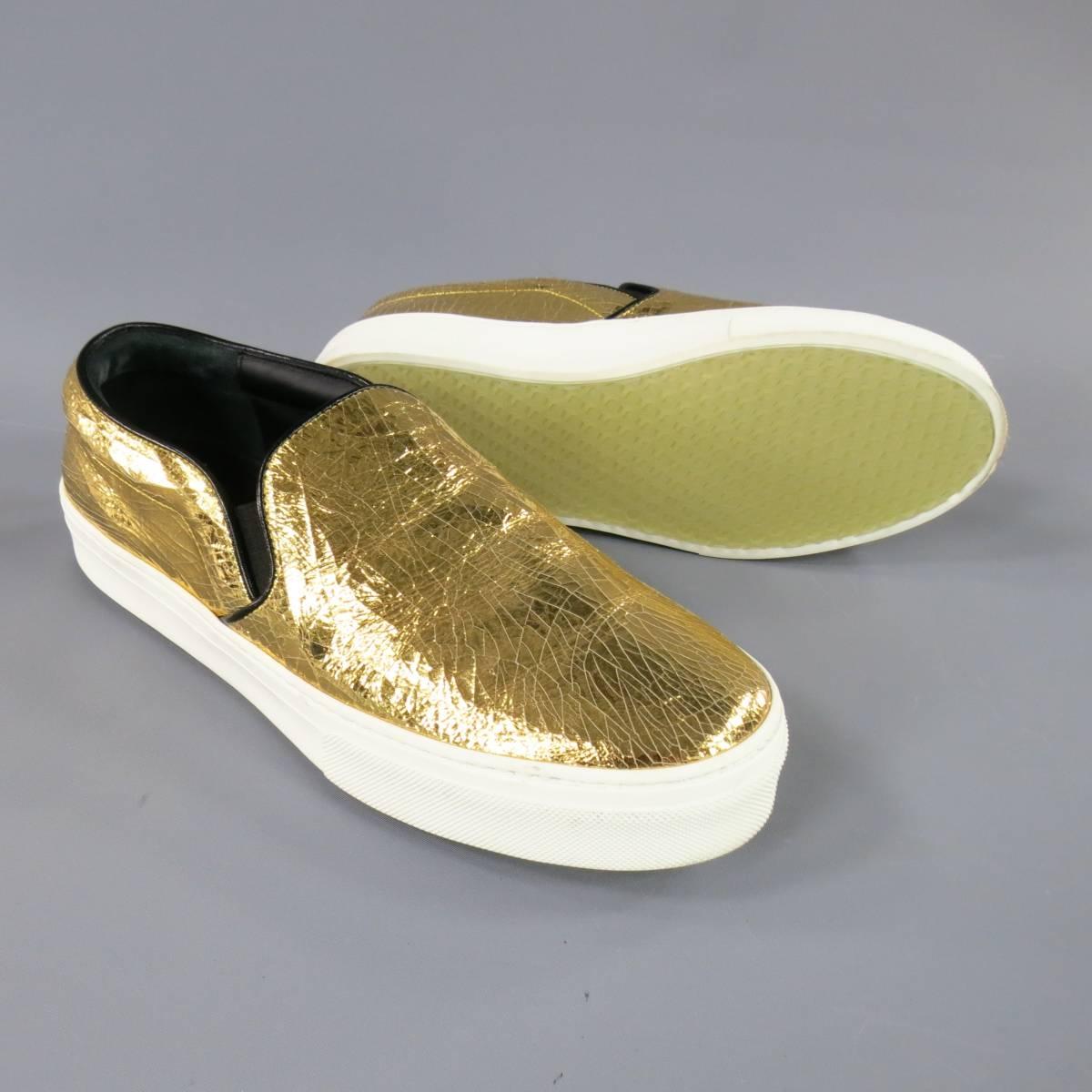 Women's CELINE Size 10 Metallic Gold Crackle Leather Slip On Sneakers