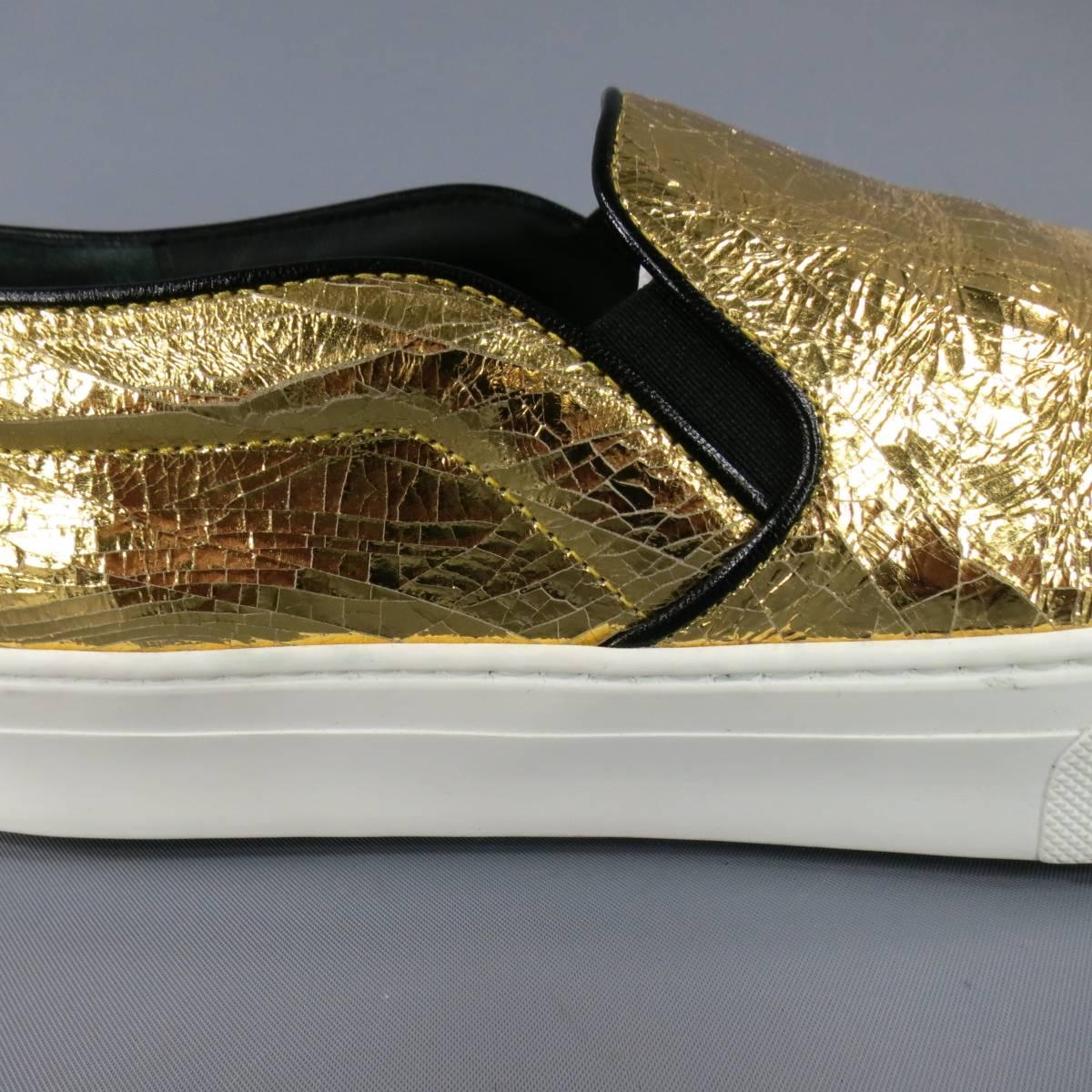 CELINE Size 10 Metallic Gold Crackle Leather Slip On Sneakers In New Condition In San Francisco, CA