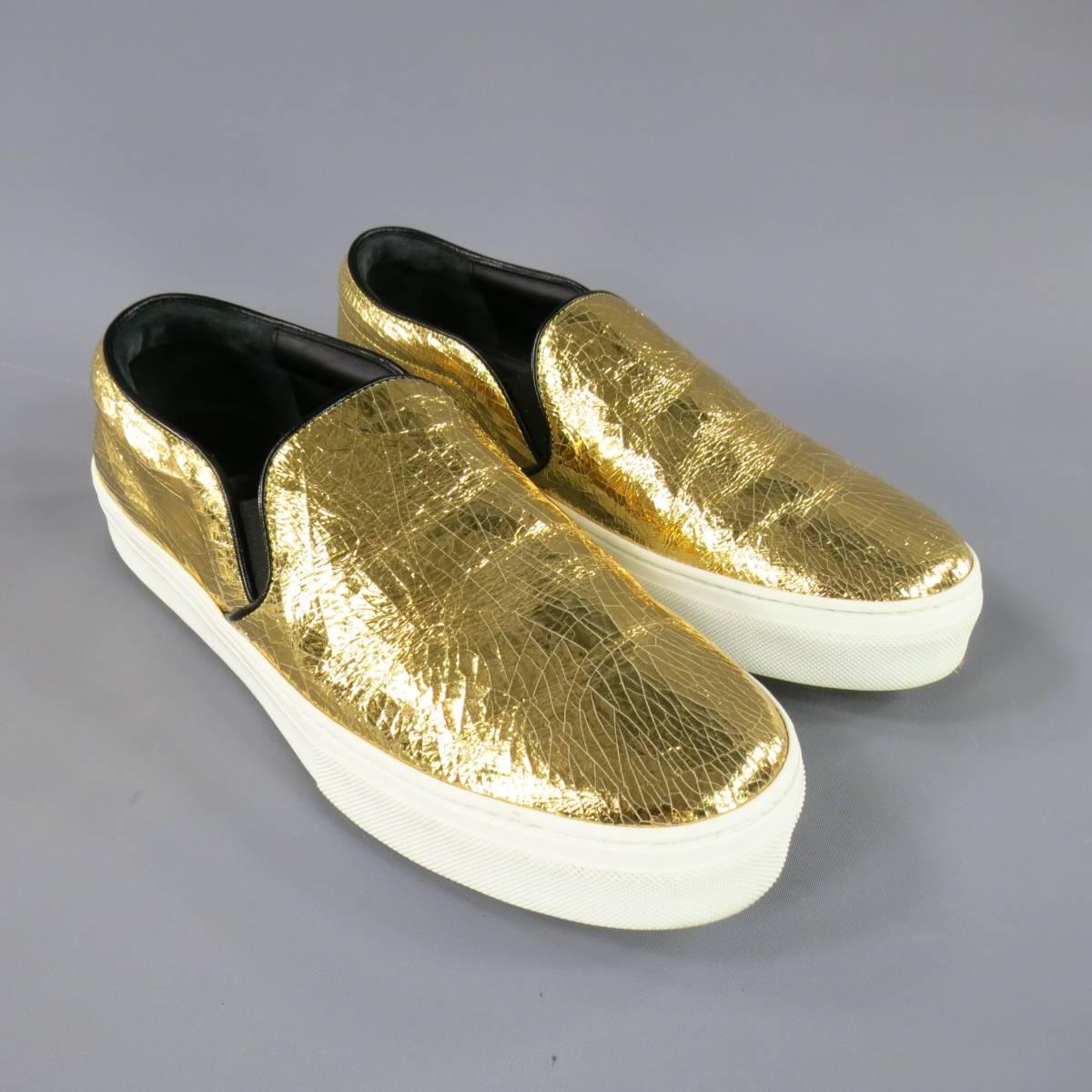 CELINE Size 10 Metallic Gold Crackle Leather Slip On Sneakers 1