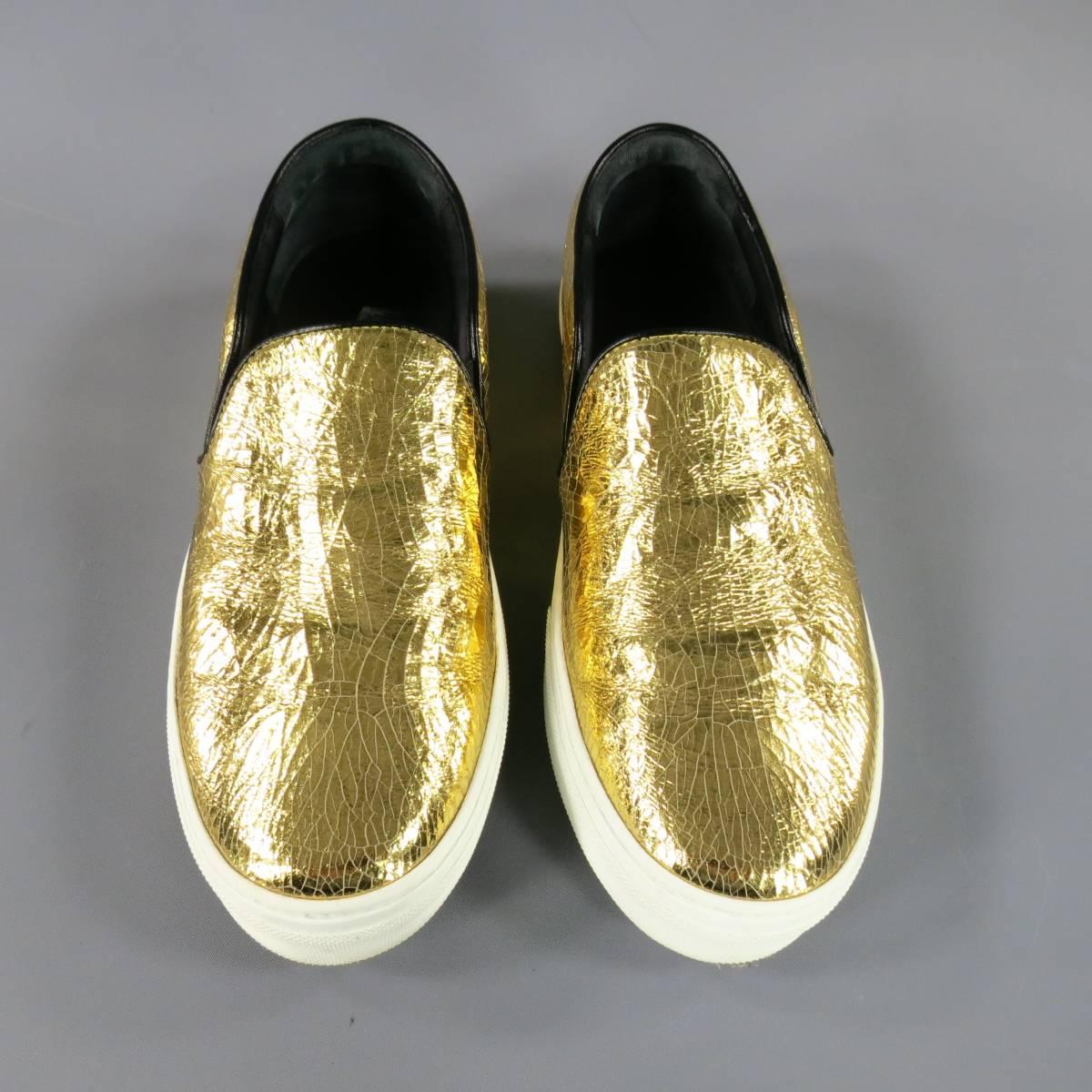 CELINE Size 10 Metallic Gold Crackle Leather Slip On Sneakers 2