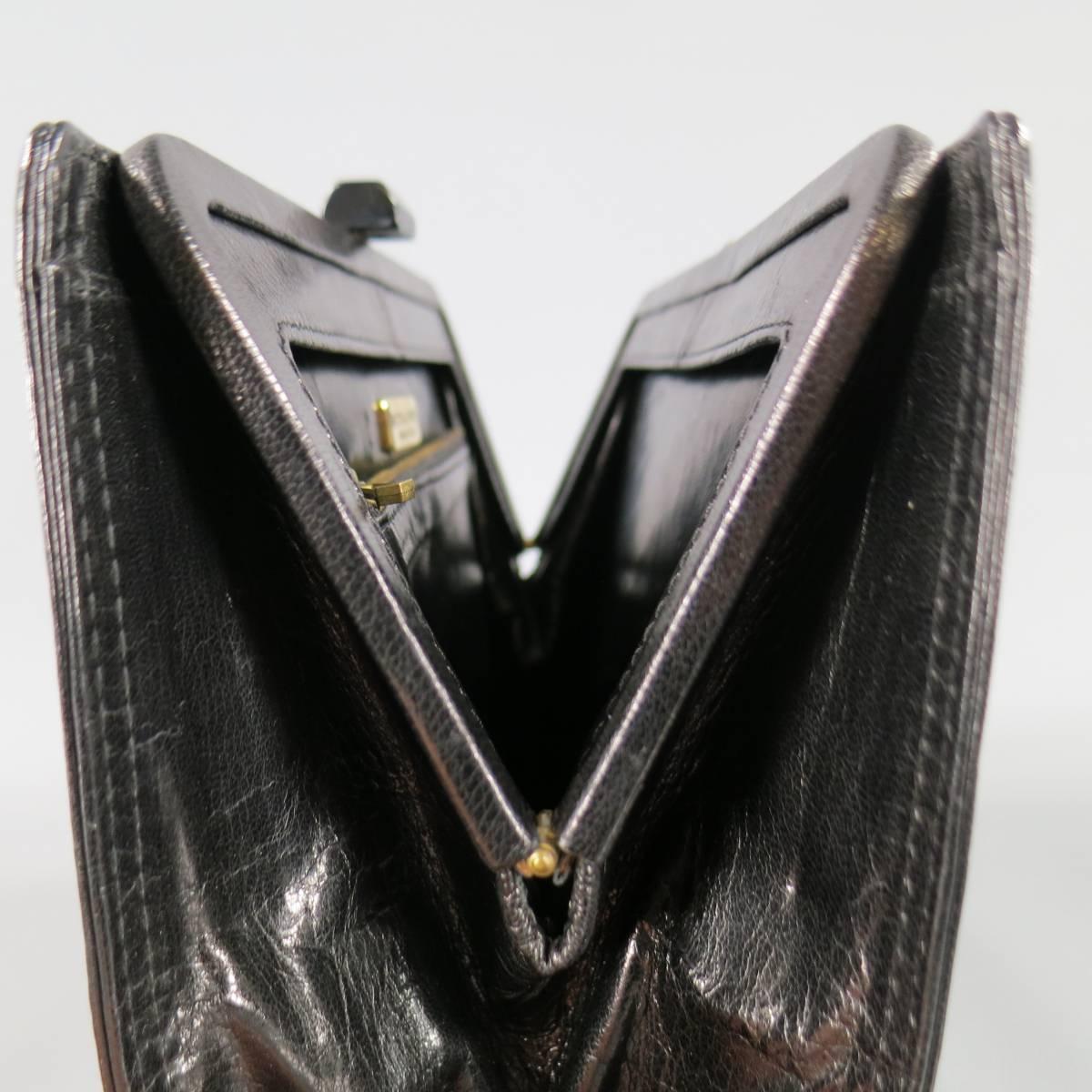Women's Vintage BOTTEGA VENETA Black Leather Lock Clutch with Mirror