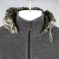 MONCLER 46 Charcoal Wool knit Olive Qulted back Hooded Zip Jacket