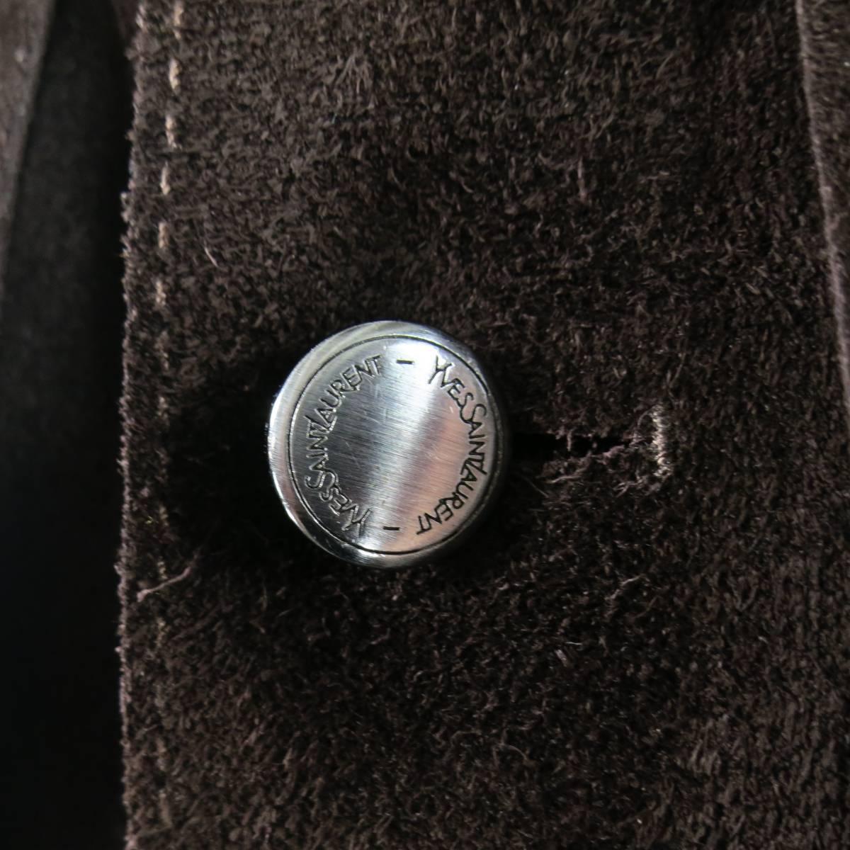 YVES SAINT LAURENT Men's 38 Brown Suede Silver Button Trucker Jacket In Excellent Condition In San Francisco, CA