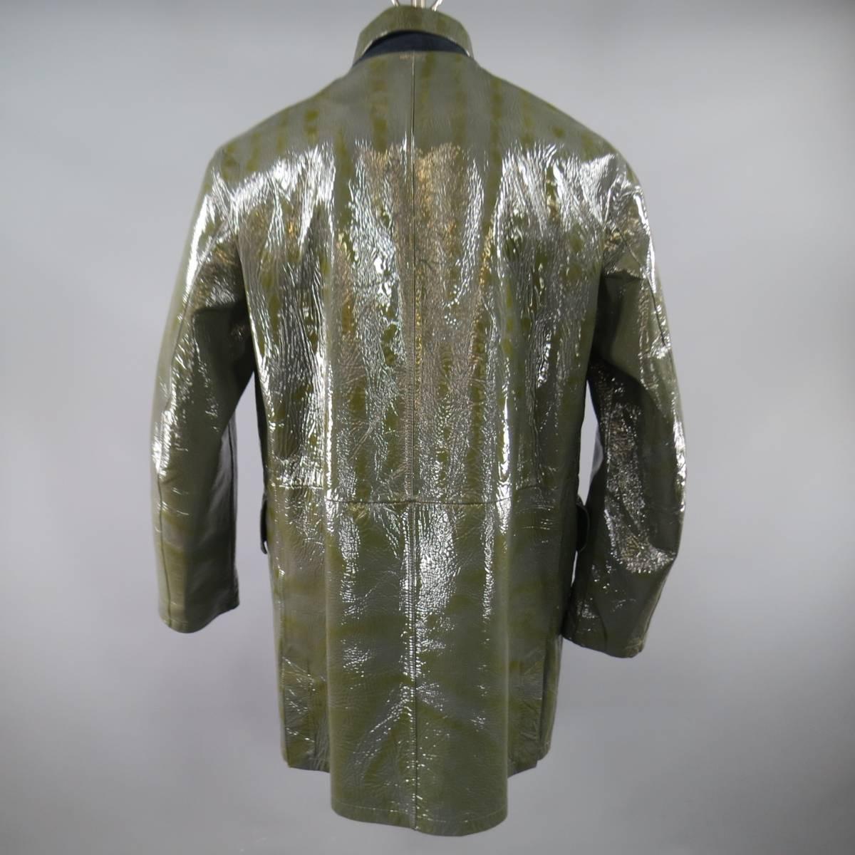 Men's PRADA Men's 42 High Shine Patent Green & Charcoal Button Up Collared Coat 1