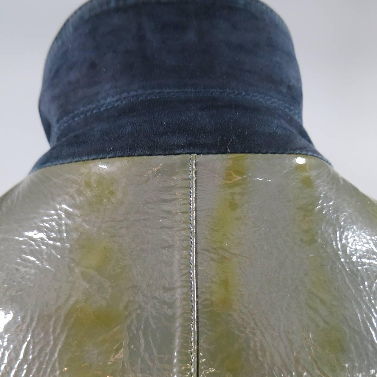 Men's PRADA Men's 42 High Shine Patent Green & Charcoal Button Up Collared Coat 2