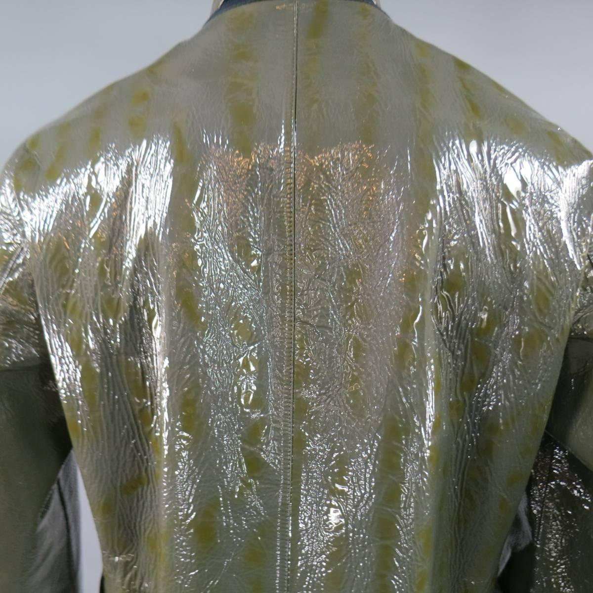 Men's PRADA Men's 42 High Shine Patent Green & Charcoal Button Up Collared Coat 3