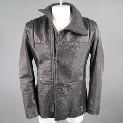 EMPORIO ARMANI 44 Black Wrinkle Textured Lamb Leather Asymmetrical Zip Jacket