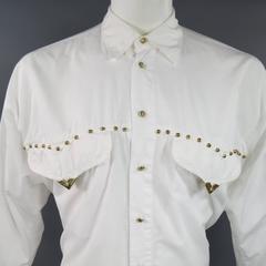 GIANNI VERSACE Size XL Men's White Cotton Gold Studded Western Long Sleeve Shirt