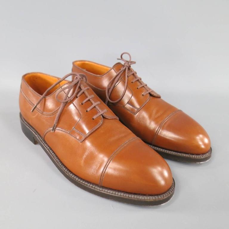 Vintage J.M. WESTON Size 9 Tan Leather Cap Toe Lace Up Dress Shoes at