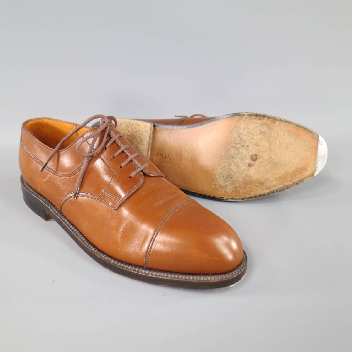Men's Vintage J.M. WESTON Size 9 Tan Leather Cap Toe Lace Up Dress Shoes